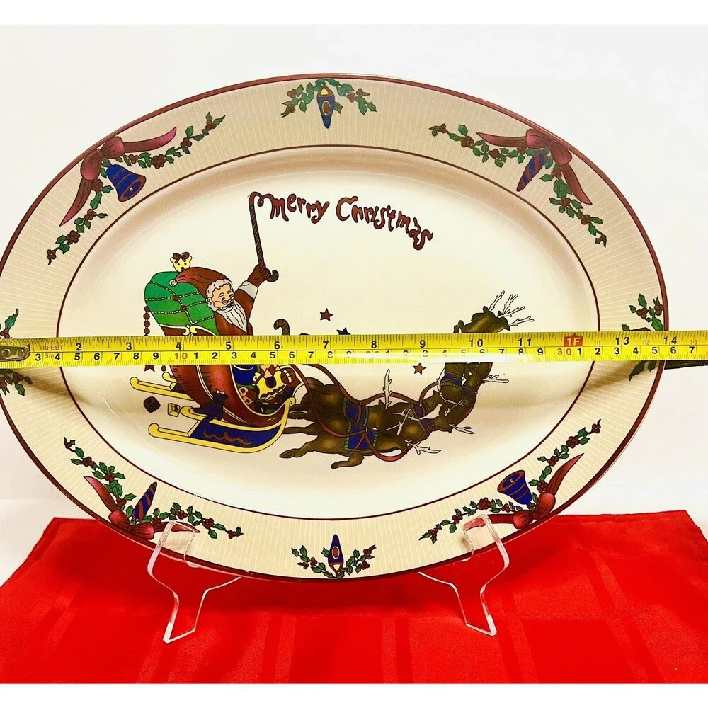 Vintage GEI Santa Sleigh Reindeer Christmas Serving Platter 14” Oval Tray